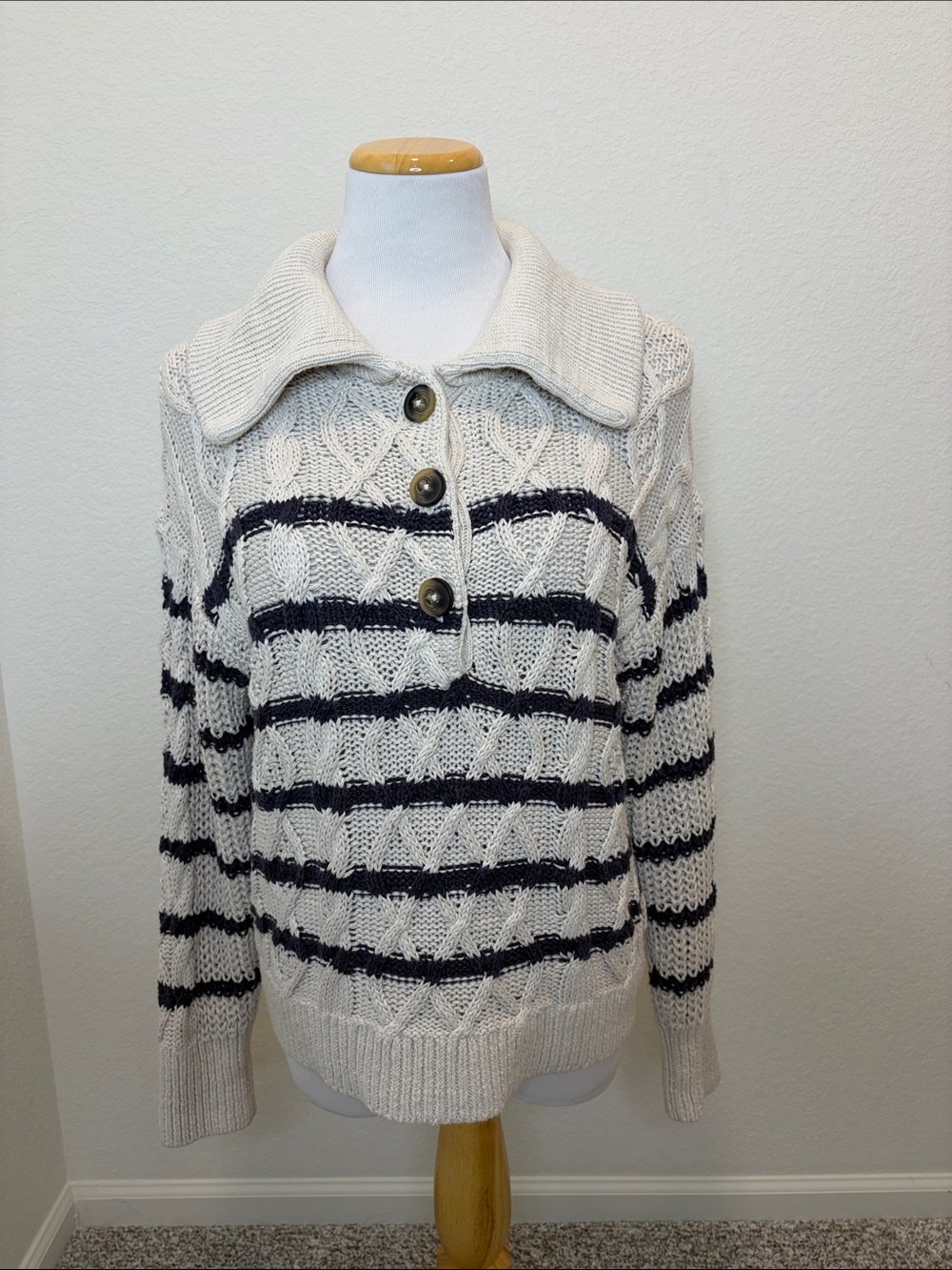 Garnet Hill Linen Organic Cotton Cable Knit Striped Sweater Medium
